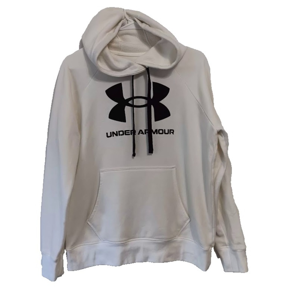 Under Armour Hoodie Mens Medium White Black‎ Big Logo Loose Fit Fleece Pullover